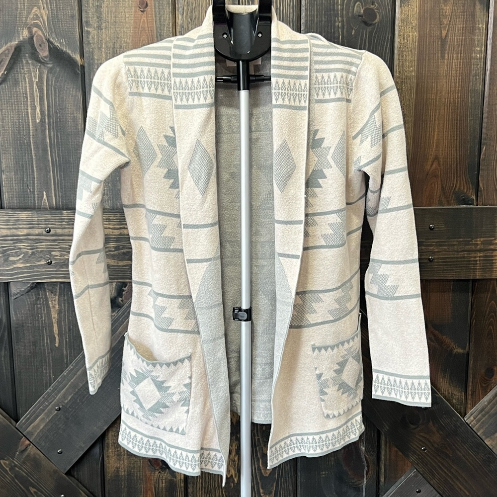 Jessica Simpson Striped Aztec Cardigan Size M Beige Sage Green Open Casual Boho